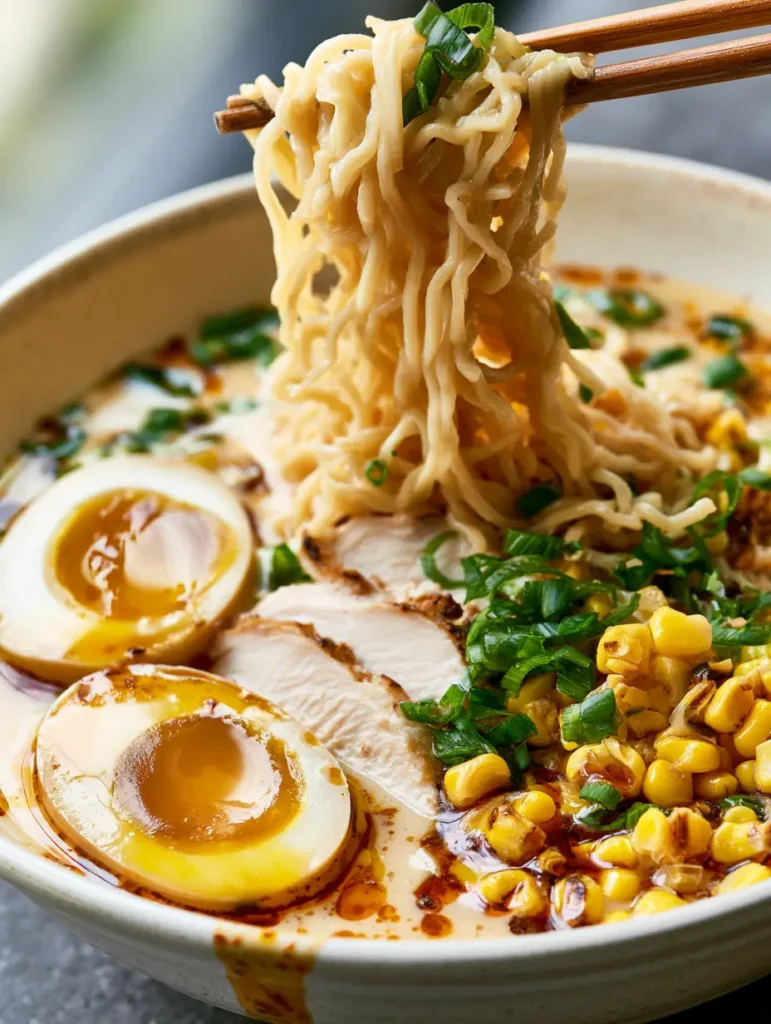 Close-up of Creamy Garlic Chicken Ramen featuring fibrous chicken and a glossy garlic broth with small fat droplets.
