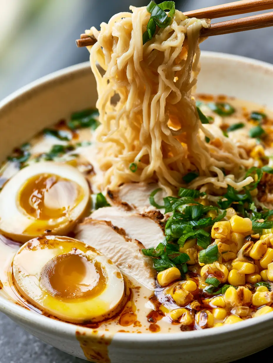 Creamy Garlic Chicken Ramen with Jammy Eggs and Sweet Corn 3 Close-up of Creamy Garlic Chicken Ramen featuring fibrous chicken and a glossy garlic broth with small fat droplets.