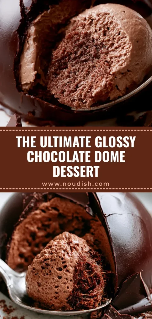 A silver spoon scooping a portion of a Chocolate Mascarpone Dome Dessert, revealing the velvety cream and cake layers.
