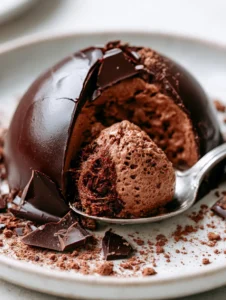 Macro close-up of a glossy Chocolate Mascarpone Dome Dessert with chocolate shards and cocoa crumbs on a ceramic plate.