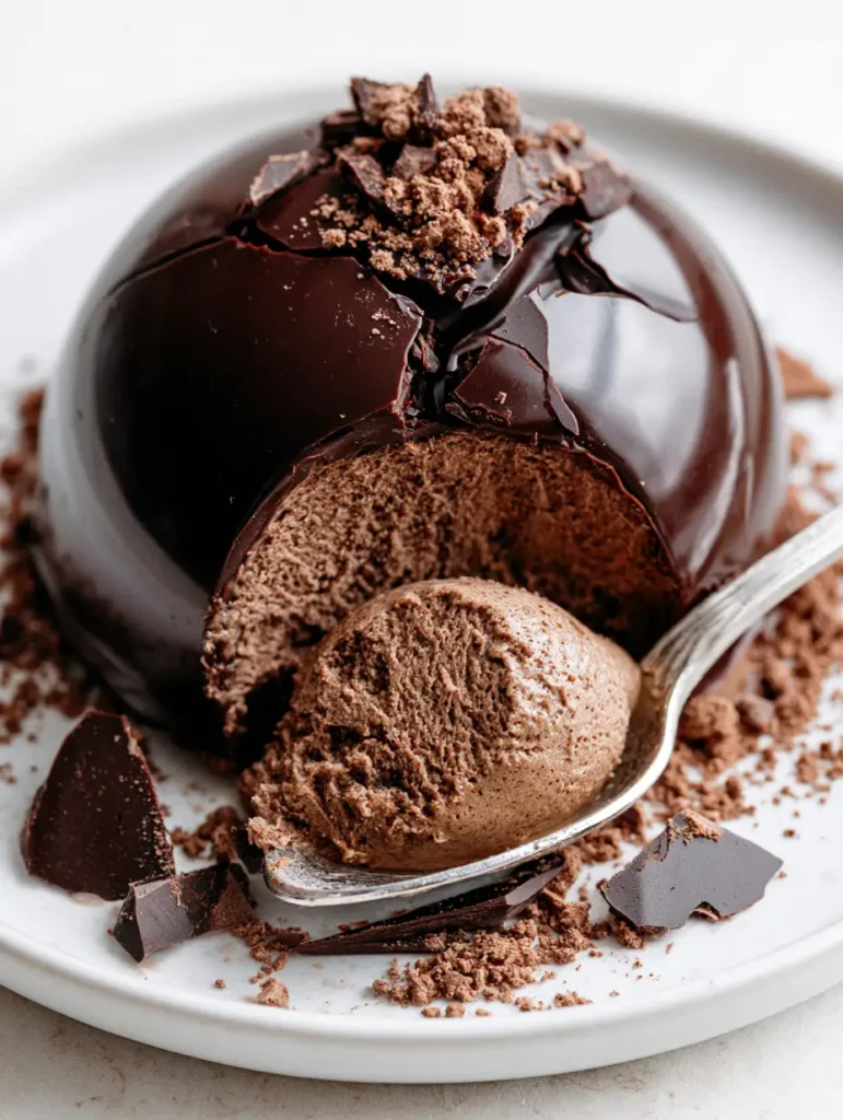 Cross-section of a Chocolate Mascarpone Dome Dessert showing the porous cream filling and fibrous cake base.