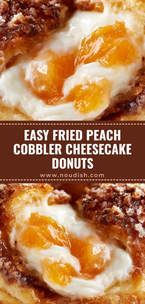 A stack of sugar-coated Peach Cobbler Cheesecake Donuts with a messy glaze and peach filling. (Peach Cobbler Cheesecake Donuts)