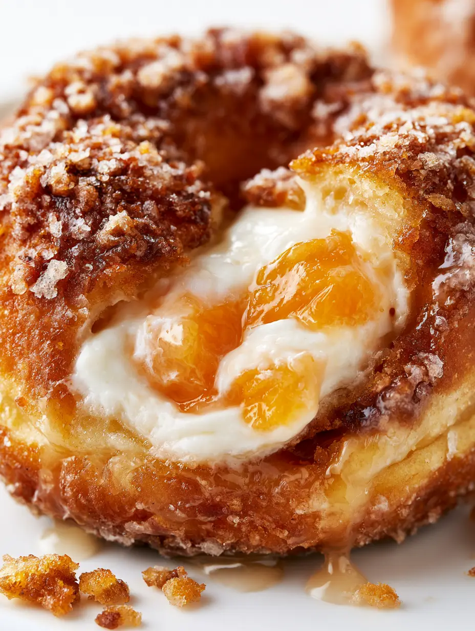 Extreme macro of a Peach Cobbler Cheesecake Donut cross-section showing creamy filling and peach chunks. (Peach Cobbler Cheesecake Donuts)
