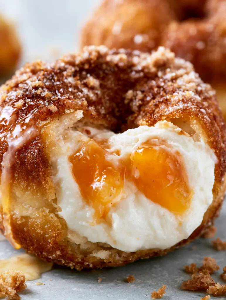 Close-up of golden brown fried Peach Cobbler Cheesecake Donuts coated in sugar granules.