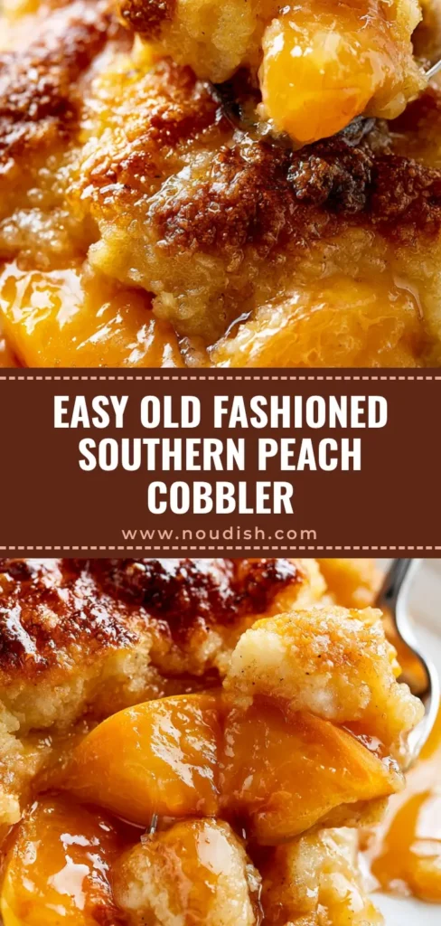 Southern Peach Cobbler Recipe: The Ultimate Buttery & Blistered Crust Guide 4 A vertical Pin showing a scooped portion of Southern Peach Cobbler on a white plate with a silver spoon. (Southern Peach Cobbler Recipe)