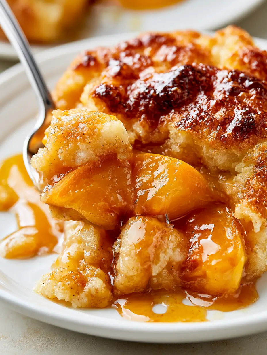 Southern Peach Cobbler Recipe: The Ultimate Buttery & Blistered Crust Guide 3 Extreme macro close-up of a scooped portion of Southern Peach Cobbler Recipe with an oily sheen of melted butter on the golden crust.
