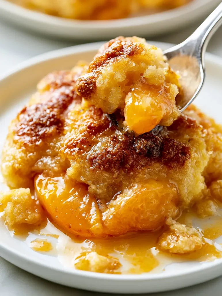 Southern Peach Cobbler Recipe: The Ultimate Buttery & Blistered Crust Guide 1 Close-up of translucent soft orange peach slices in a thick glossy syrup from a Southern Peach Cobbler Recipe.