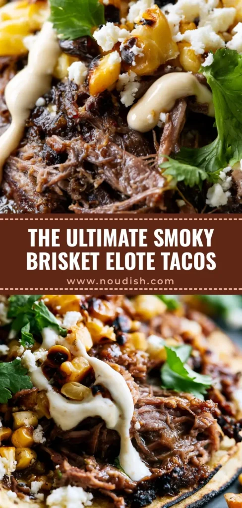 Smoky Brisket Elote Tacos: The Ultimate Mexican Street Food Mashup 4 Extreme macro of Smoky Brisket Elote Tacos with fibrous shredded beef, charred corn, and creamy sauce drips on a charred tortilla.