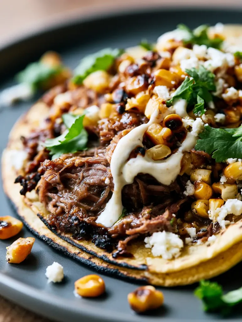 Smoky Brisket Elote Tacos: The Ultimate Mexican Street Food Mashup 1 Beautifully messy Smoky Brisket Elote Tacos with charred corn kernels falling onto the plate and fresh cilantro.