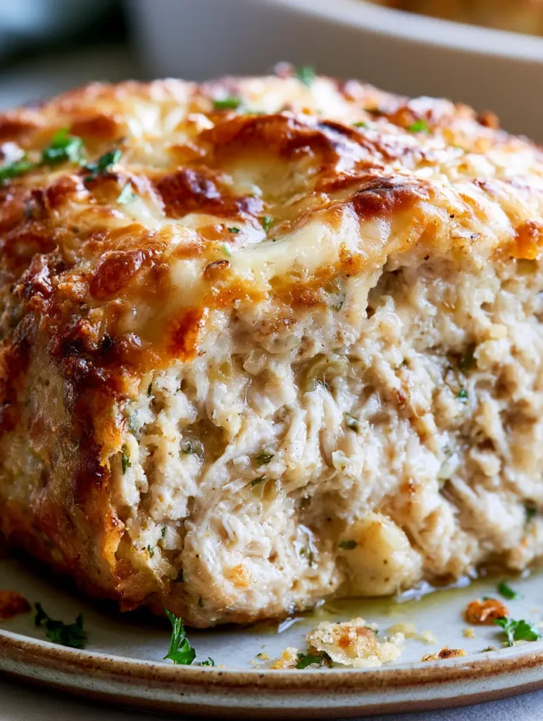 Garlic Parmesan Chicken Meatloaf with a Blistered Cheese Crust 2 Macro shot of Garlic Parmesan Chicken Meatloaf showing the moist fibrous chicken and garlic flecks.