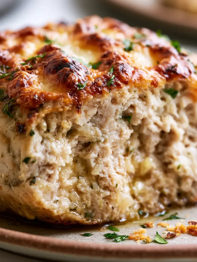 Garlic Parmesan Chicken Meatloaf with a Blistered Cheese Crust 1 Extreme close up of the bubbling parmesan crust on top of a Garlic Parmesan Chicken Meatloaf.