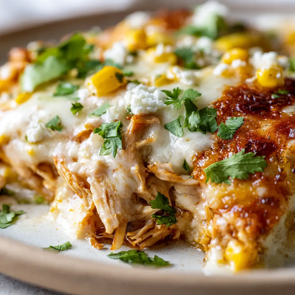 A close-up of a scooped portion of Street Corn Chicken Casserole on a white plate with visible cheese pull and cilantro.