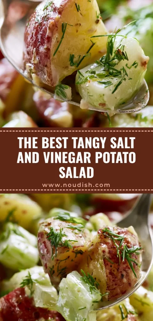 Salt and Vinegar Potato Salad: The Ultimate Tangy Summer Side Dish 4 A silver spoon lifting a creamy portion of Salt and Vinegar Potato Salad with red potatoes, fresh dill, and a glossy dressing.