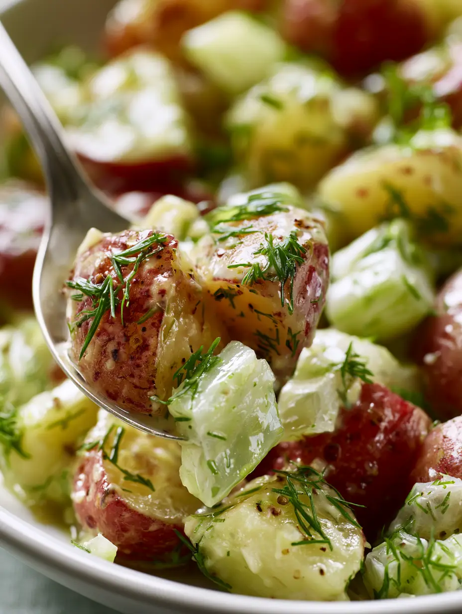 Salt and Vinegar Potato Salad: The Ultimate Tangy Summer Side Dish 3 Extreme macro close-up of Salt and Vinegar Potato Salad showing the glossy oily sheen on red potato skins and fresh dill sprigs.