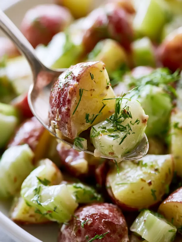 Salt and Vinegar Potato Salad: The Ultimate Tangy Summer Side Dish 1 A mouth-watering focal bite of Salt and Vinegar Potato Salad featuring crisp translucent celery and vibrant green herbs.