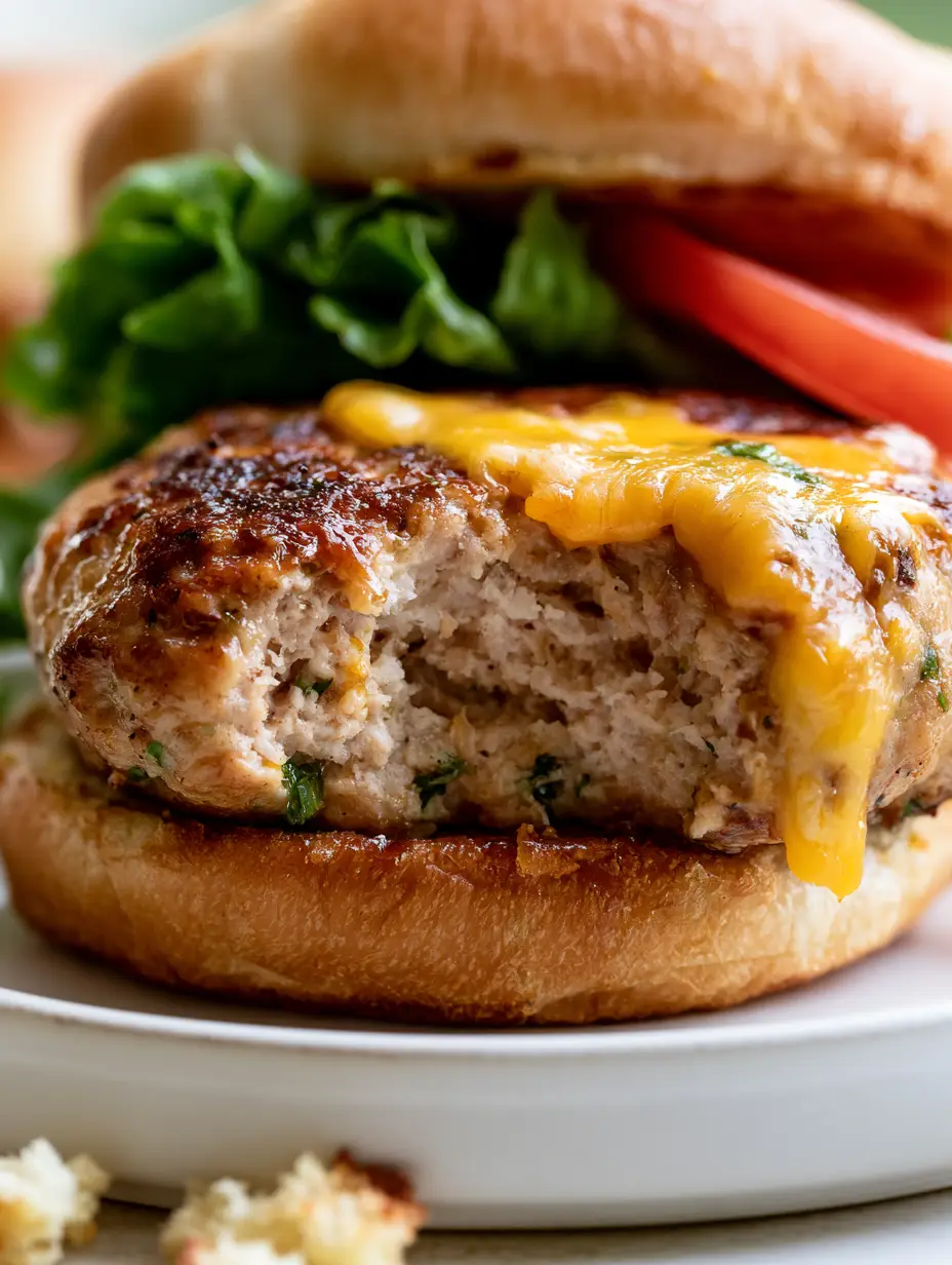 Extreme macro close-up of a Juicy Ground Turkey Burger showing seared edges and glossy sheen.