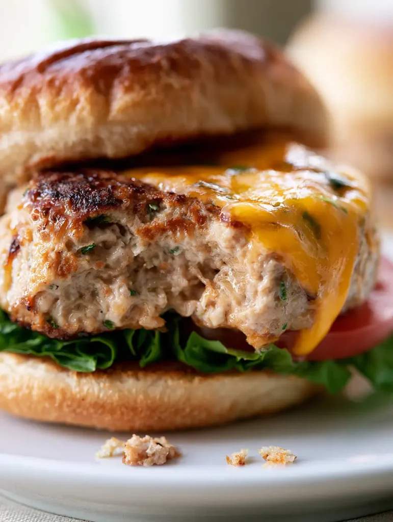 Cross-section of Juicy Ground Turkey Burgers showing the tender fibrous texture of the meat.