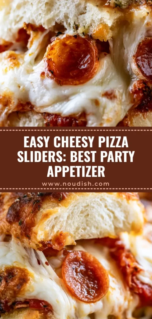 A tray of Cheesy Pizza Sliders being pulled apart, showing an epic cheese pull and crispy pepperoni edges.