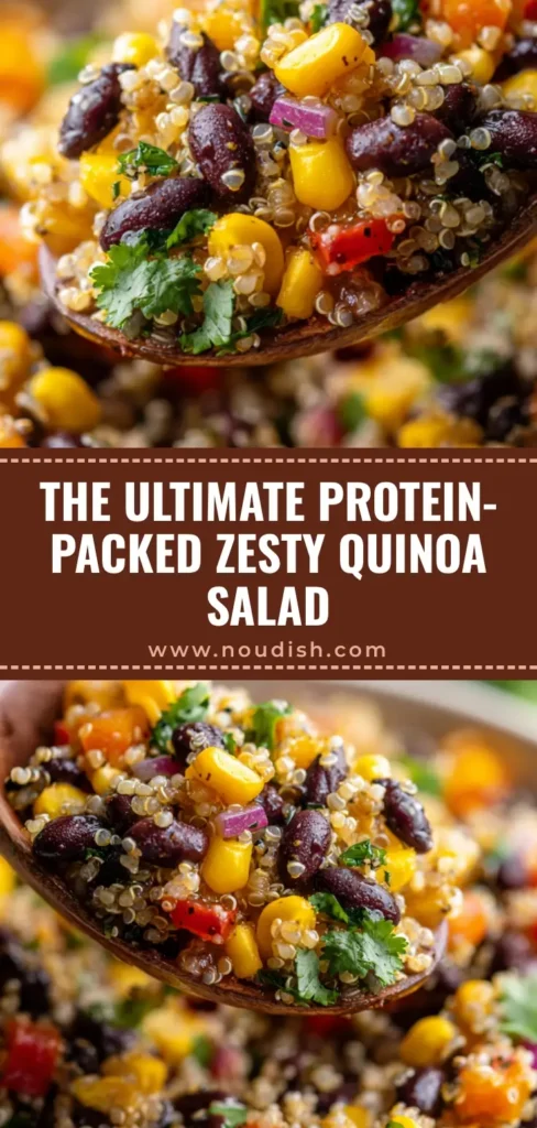 A wooden spoon lifting a messy scoop of vibrant Black Bean and Corn Quinoa Salad from a white ceramic bowl, showing fluffy pearls and glossy lime dressing.