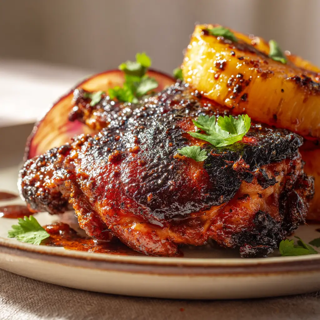Detailed view of caramelized pineapple and translucent red onions alongside jerk chicken.