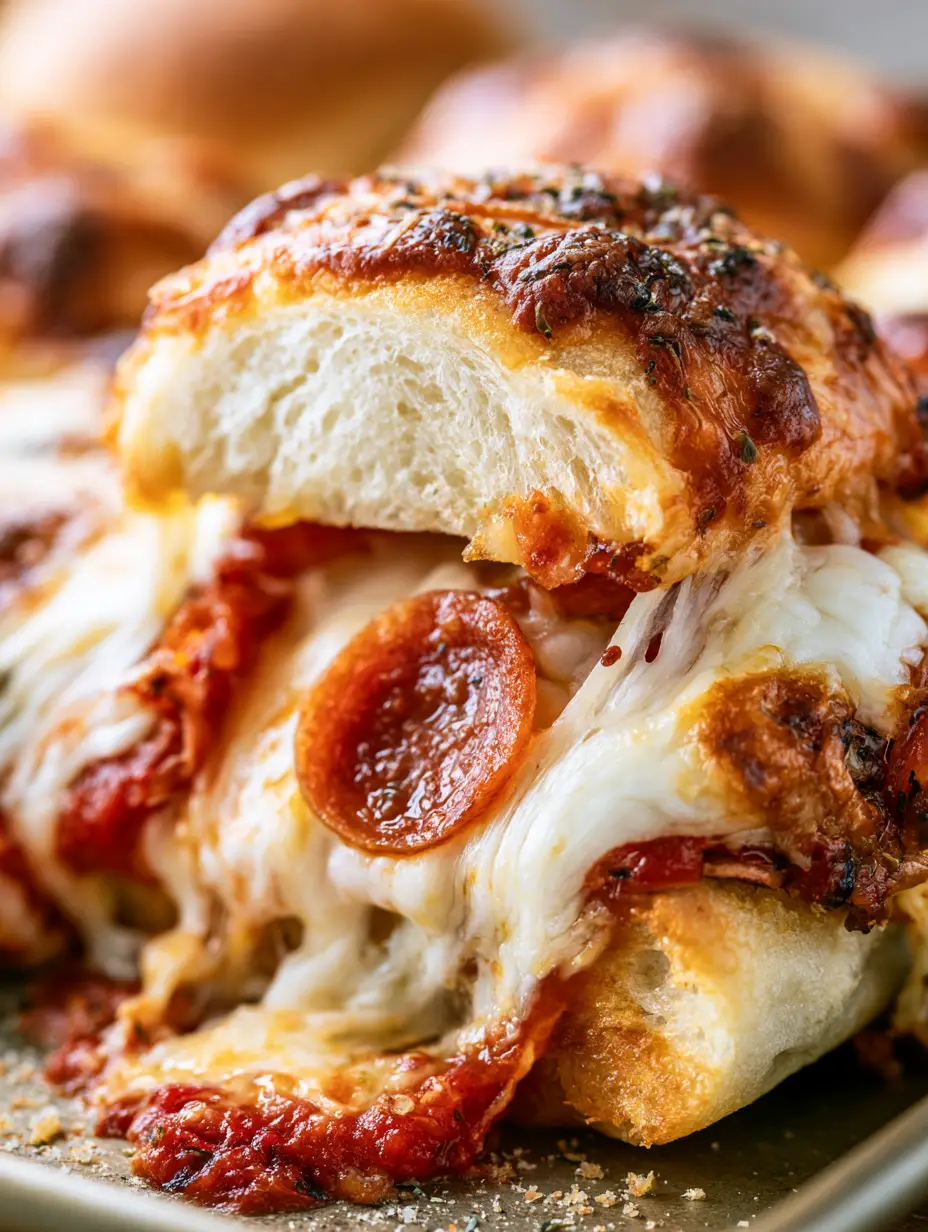 Extreme macro close-up of Cheesy Pizza Sliders featuring glossy melted mozzarella and blistered cheese.