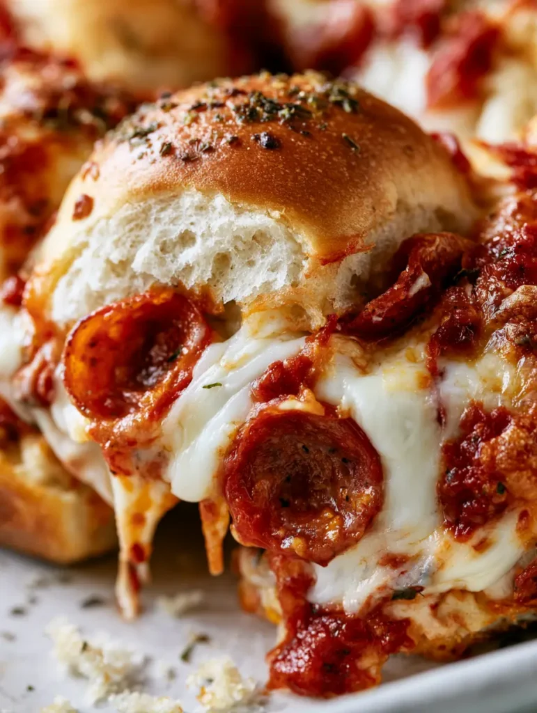 Internal cross-section of a cheesy pizza slider with layers of melted white cheese and pepperoni.