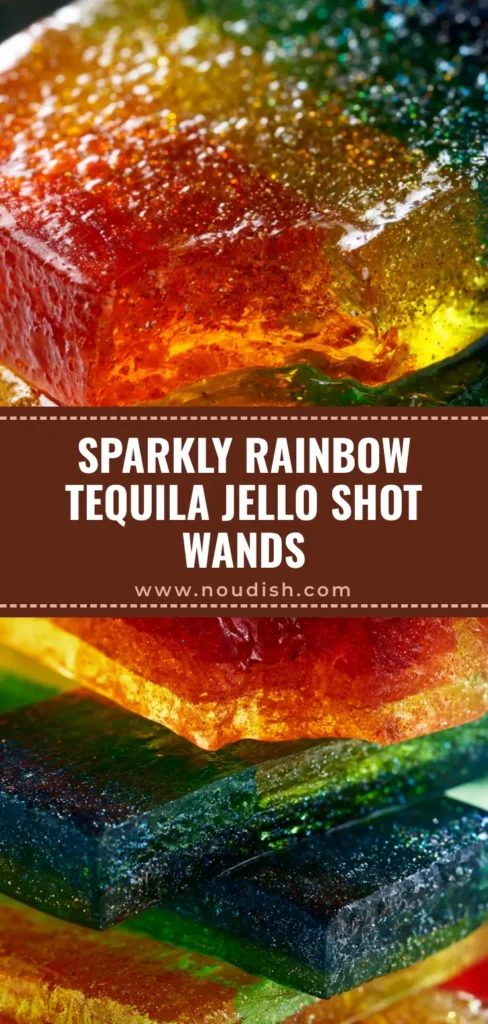 A stack of Rainbow Tequila Gummy Wands on wooden sticks showing vibrant translucent layers and shimmering glitter.
