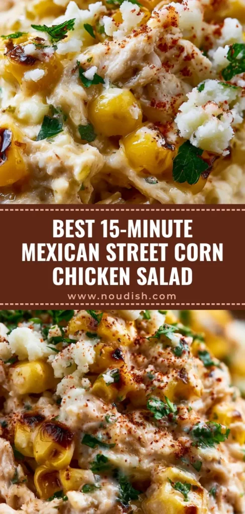 A tall vertical view of Mexican Street Corn Chicken Salad featuring charred corn, shredded chicken, and cotija cheese in a bowl.