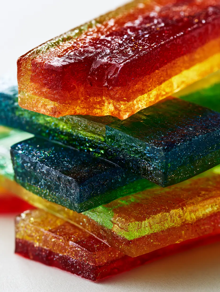 Extreme macro close-up of a Rainbow Tequila Gummy Wand showing material realism, glistening texture, and rainbow layers.