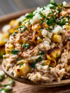 Extreme macro of Mexican Street Corn Chicken Salad showing charred corn and fibrous shredded chicken breast meat with lime dressing.