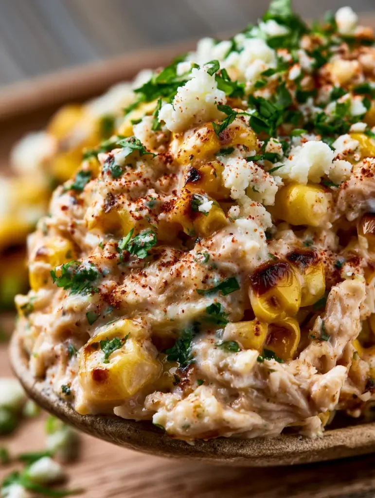Extreme macro of Mexican Street Corn Chicken Salad showing charred corn and fibrous shredded chicken breast meat with lime dressing.