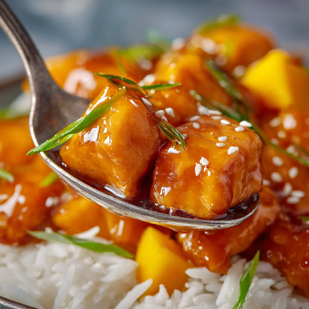 Close up of glossy mango chicken cubes with soft mango chunks and sesame seeds over white jasmine rice.