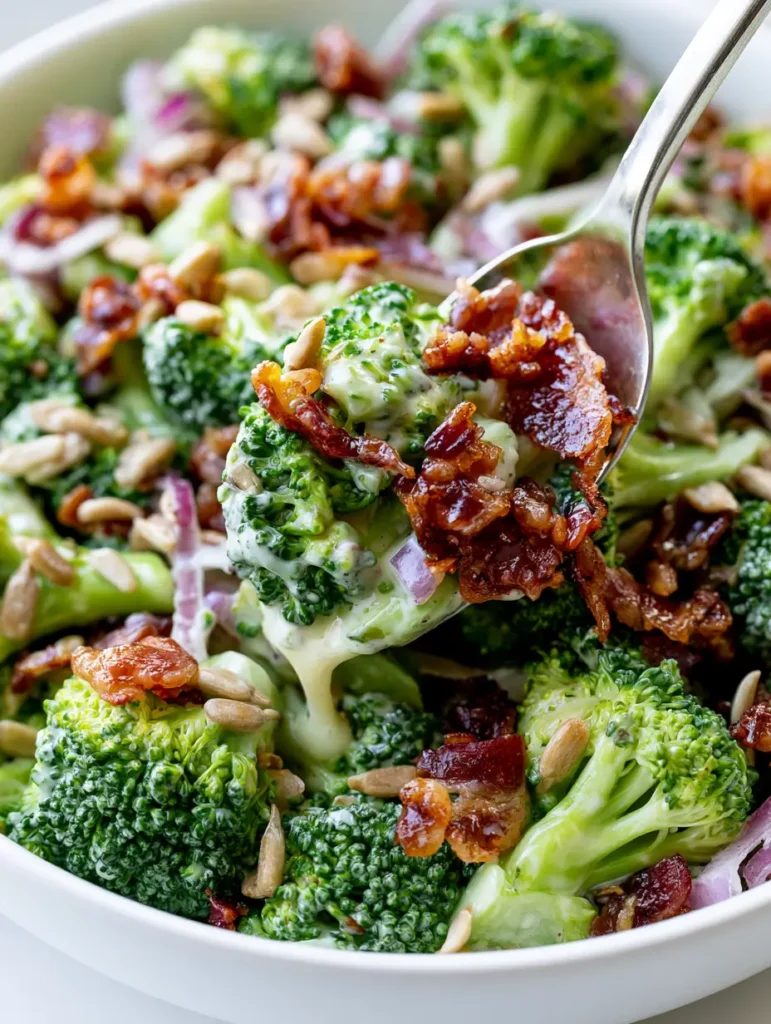 Extreme macro close-up of Classic Broccoli Salad showing the texture of broccoli buds, glossy dressing, and rendered bacon fat.