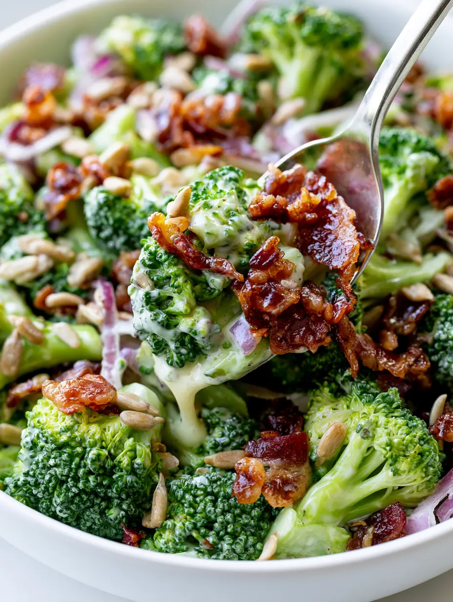 Extreme macro close-up of Classic Broccoli Salad showing the texture of broccoli buds, glossy dressing, and rendered bacon fat.