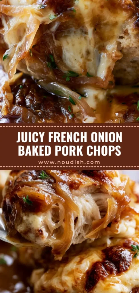 A close-up shot of French Onion Pork Chops with melted, blistered Gruyere cheese and thyme garnish.