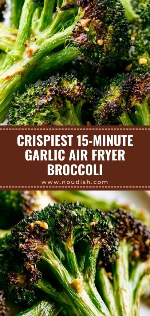A tall vertical shot of crispy garlic air fryer broccoli with blistered charred dark brown edges on a matte ceramic plate. (Air Fryer Broccoli)