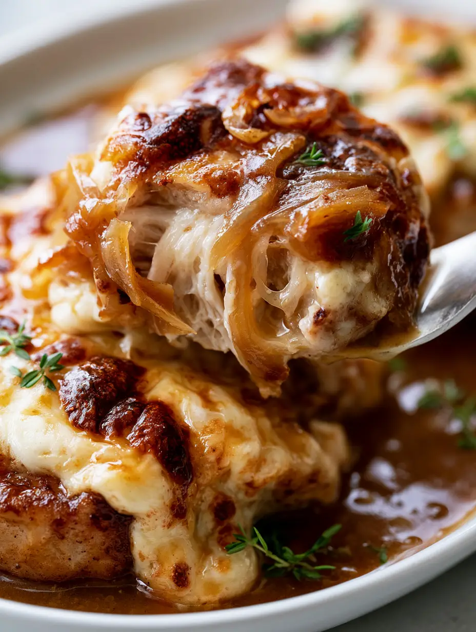 Extreme macro close-up of French Onion Pork Chops showing a fork lifting a bite with a cheese pull.