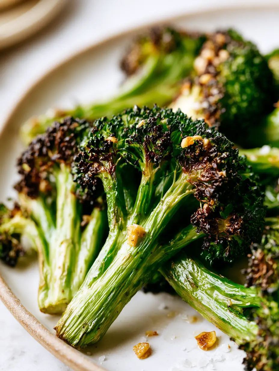 Extreme macro close up of a crispy garlic air fryer broccoli floret showing the fibrous stem and charred crown edges. (Air Fryer Broccoli)