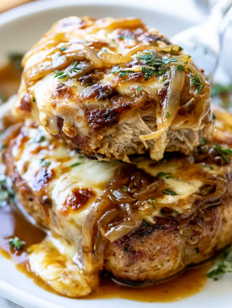 A bubbling skillet of French Onion Pork Chops with irregular sauce drips and browned cheese.