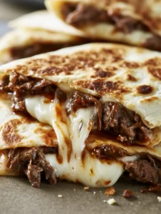 Macro view of Blackstone Steak Quesadillas showing fibrous shaved steak and irregular golden-brown toasted spots on the tortilla.