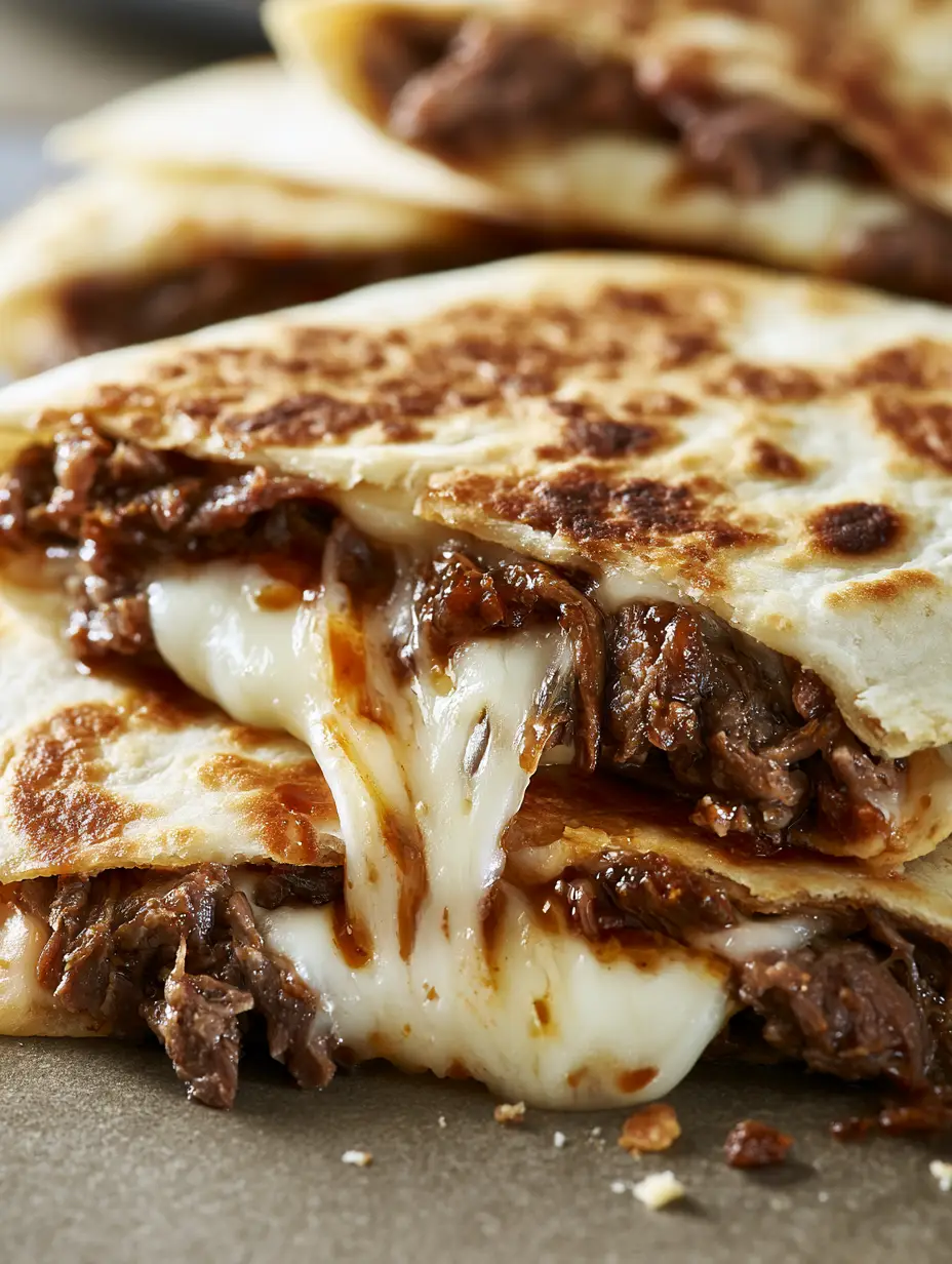 Macro view of Blackstone Steak Quesadillas showing fibrous shaved steak and irregular golden-brown toasted spots on the tortilla.