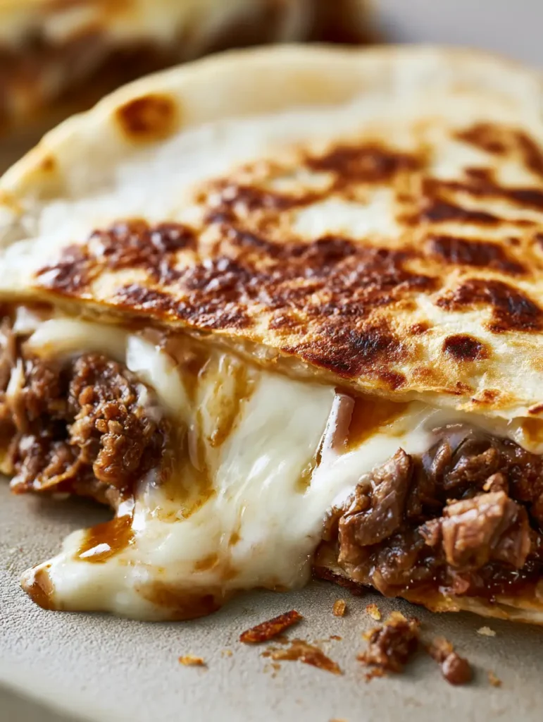 Close-up of blistered white cheese and savory steak inside a Blackstone Steak Quesadilla.