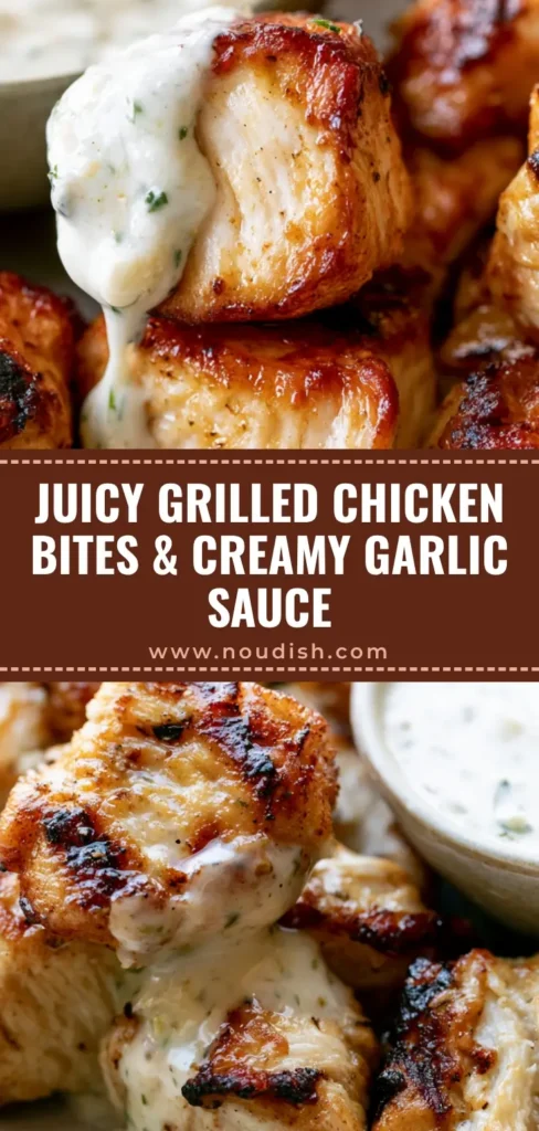 Macro shot of golden brown Grilled Chicken Bites being dipped into a thick creamy garlic sauce with green herb flecks.