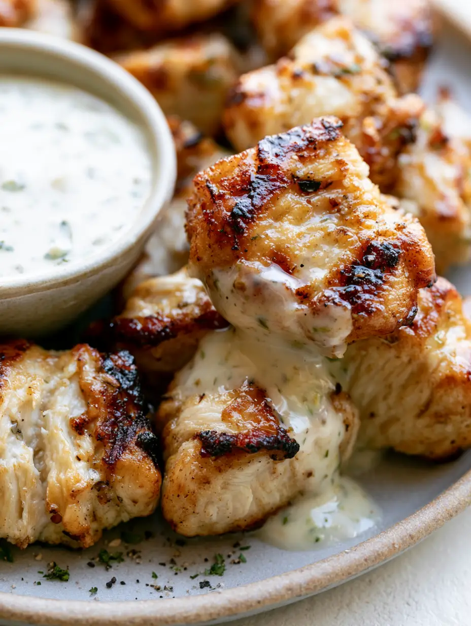 Close up of Grilled Chicken Bites showing smoky charred edges and moist fibrous texture.