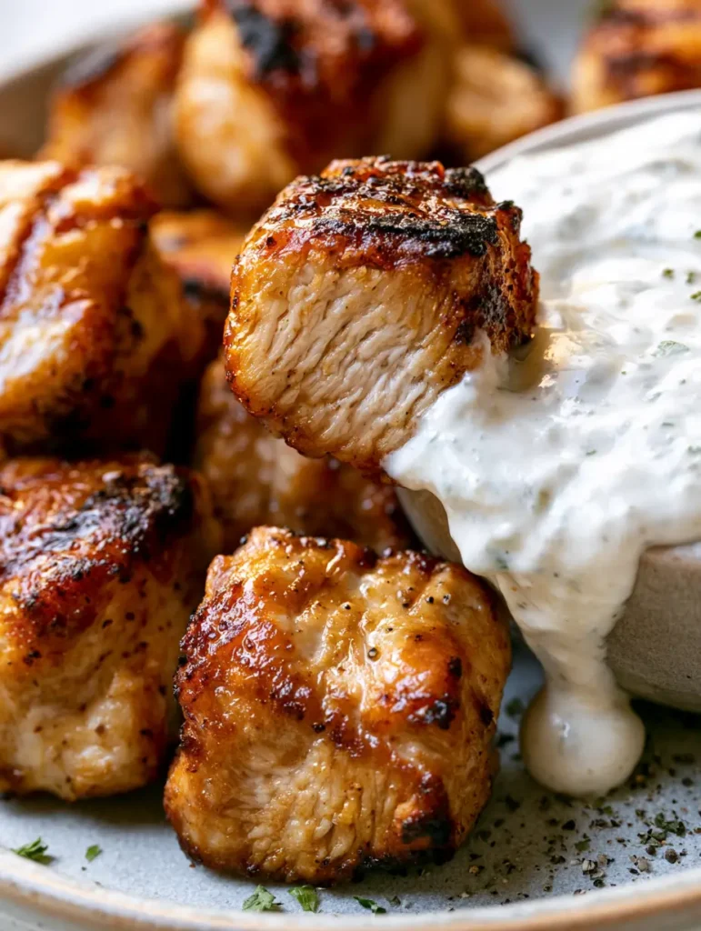 Grilled Chicken Bites on a matte ceramic plate with sauce drips and fresh herbs.