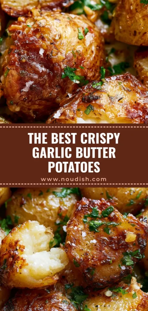 A vertical Pinterest-optimized shot of Garlic Butter Roasted Potatoes with blistered skins and fresh parsley.