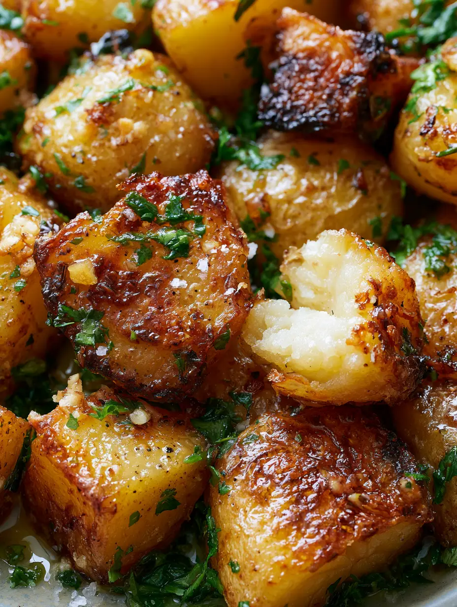 Extreme macro close-up of crispy roasted golden potato chunks with minced garlic and parsley flecks. (Garlic Butter Roasted Potatoes)