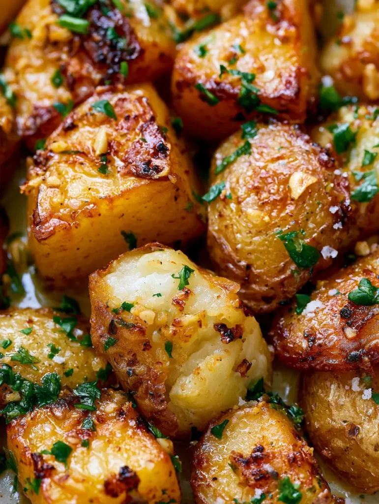 A crushed roasted potato chunk revealing a fluffy white interior surrounded by crispy charred edges. (Garlic Butter Roasted Potatoes)
