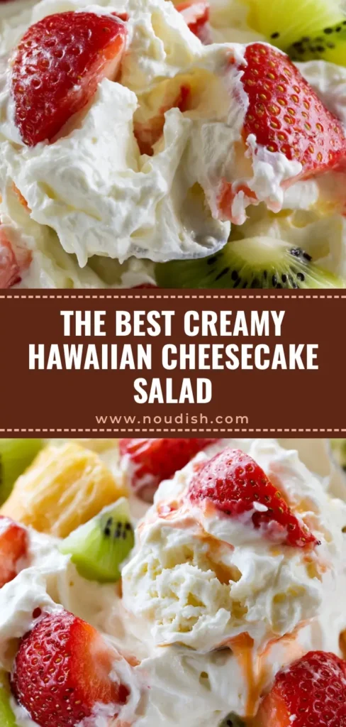 A silver spoon scooping a generous portion of Hawaiian Cheesecake Salad with strawberries, kiwi, and pineapple in a white bowl.