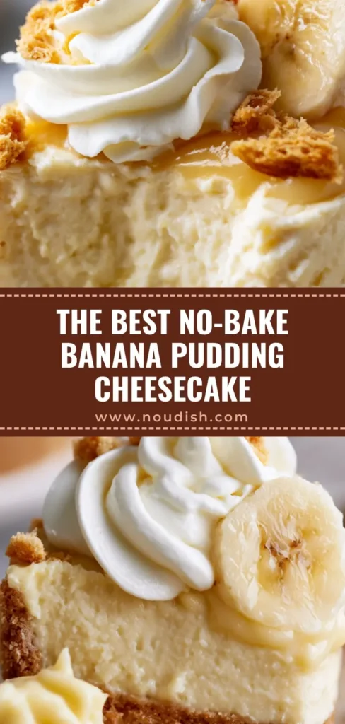 A vertical shot of a No-Bake Banana Pudding Cheesecake slice with thick whipped cream peaks and Nilla wafer crumbs.